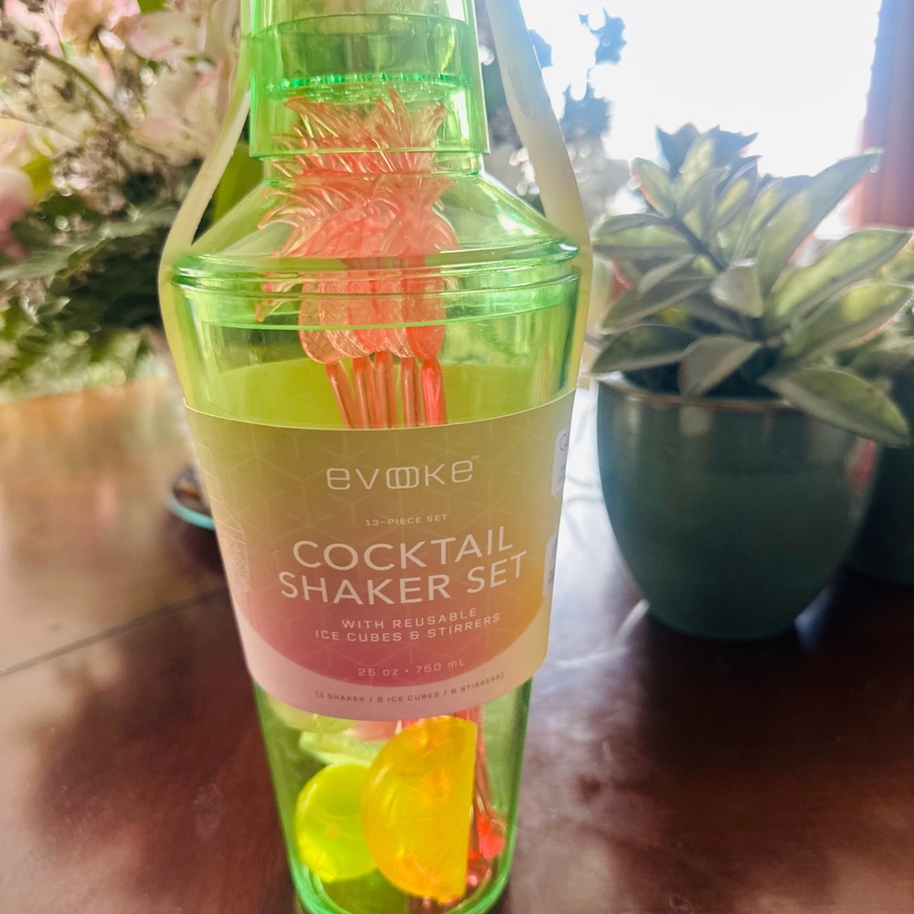 Evoke Green Cocktail Shaker Set with Reusable Ice Cubes & Stirrers